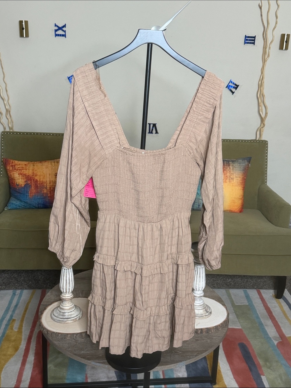 entro Beige Square Neck Tiered Long Sleeve Dress